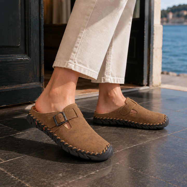 Scarlett | Elegant Buckle Strap Clogs Mules with Stitched Sole