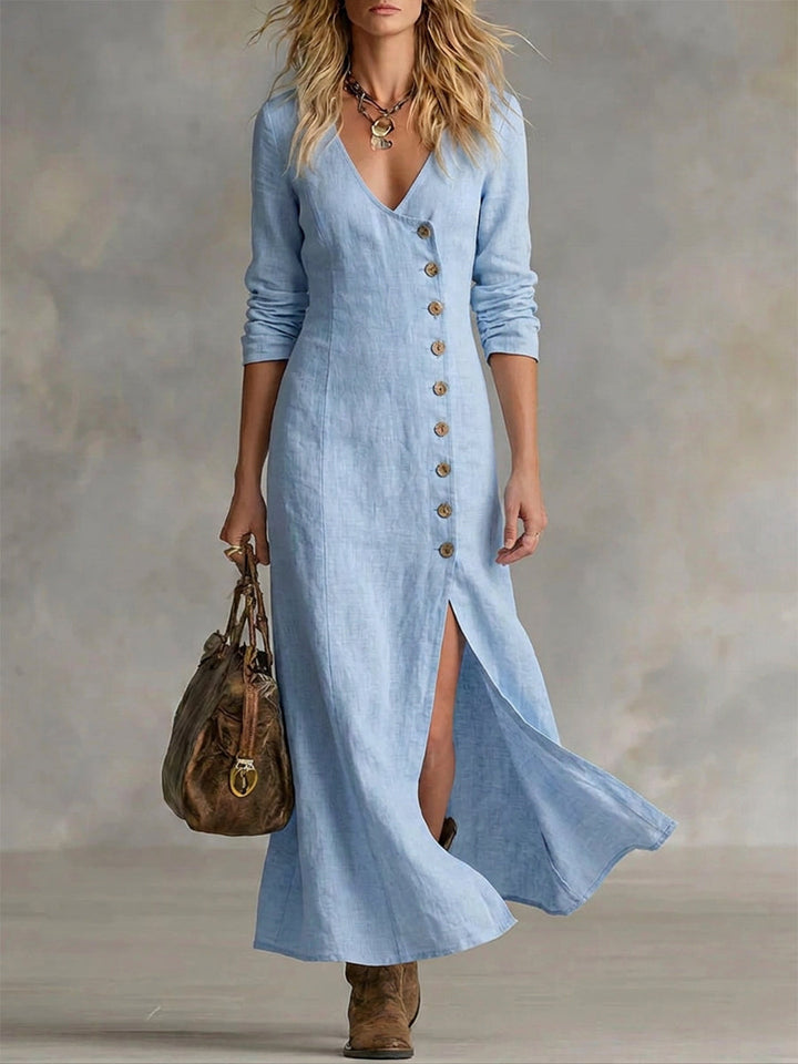 Scarlett | Elegant V-Neck Denim Dress with Button Front and Split Hem