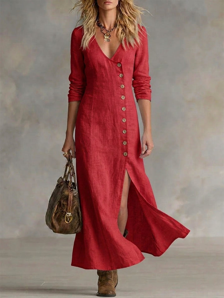 Scarlett | Elegant V-Neck Denim Dress with Button Front and Split Hem