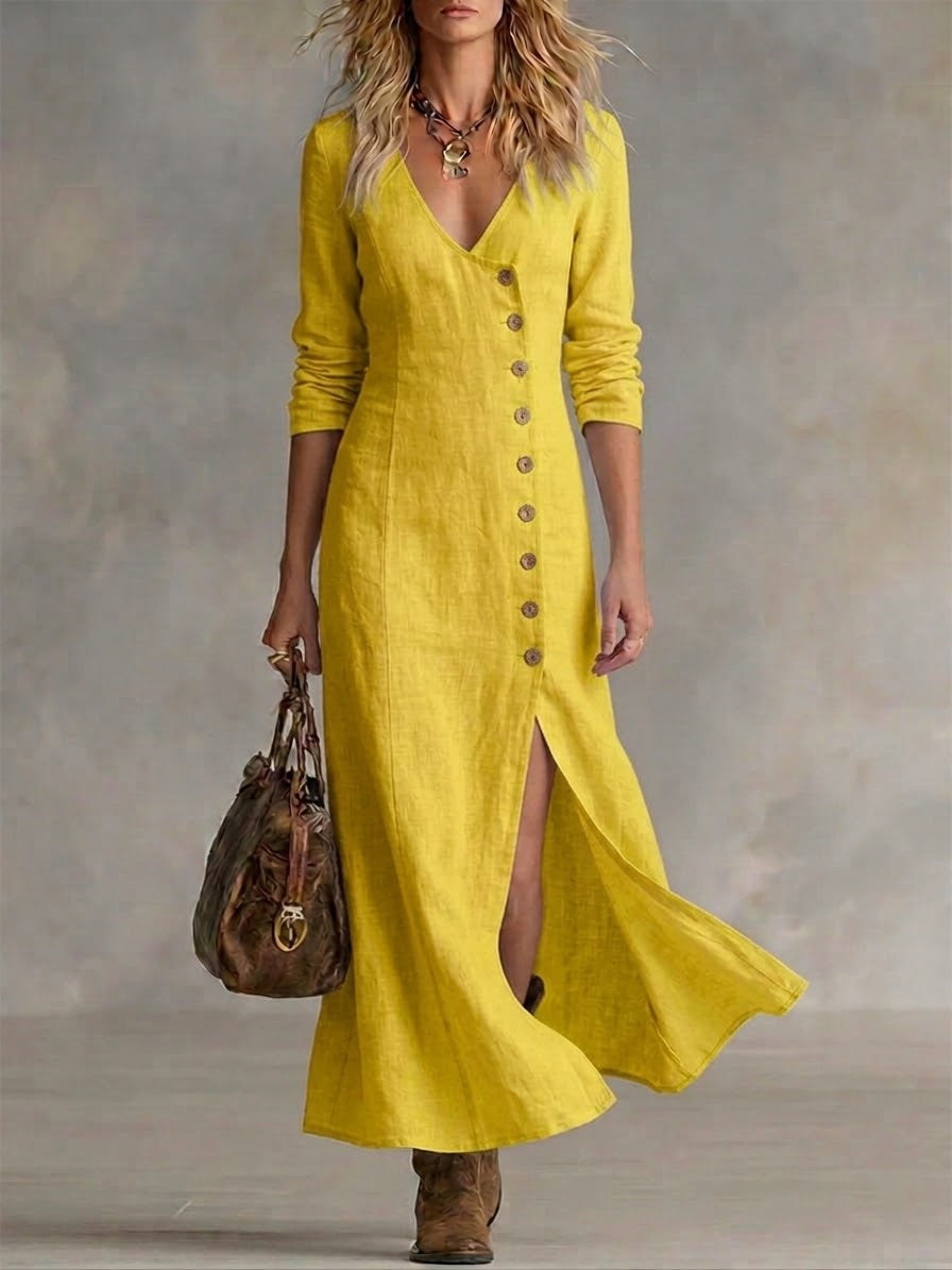 Scarlett | Elegant V-Neck Denim Dress with Button Front and Split Hem