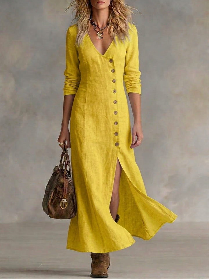 Scarlett | Elegant V-Neck Denim Dress with Button Front and Split Hem