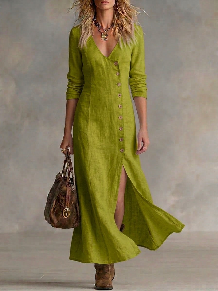 Scarlett | Elegant V-Neck Denim Dress with Button Front and Split Hem