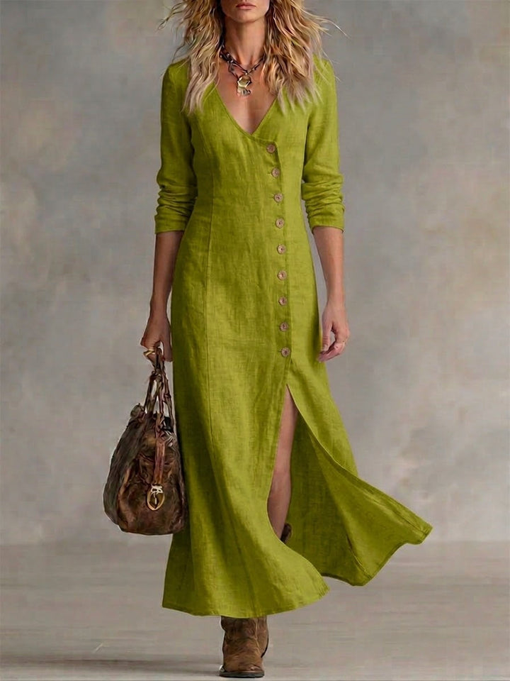 Scarlett | Elegant V-Neck Denim Dress with Button Front and Split Hem
