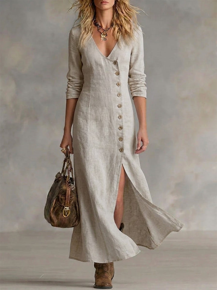 Scarlett | Elegant V-Neck Denim Dress with Button Front and Split Hem
