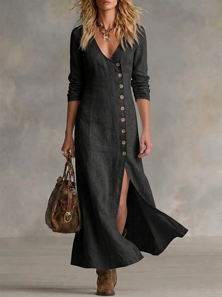 Scarlett | Elegant V-Neck Denim Dress with Button Front and Split Hem
