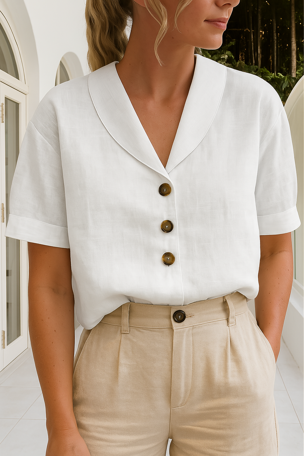 Scarlett | Graceful V Neck Button Down Linen Shirt Blouse