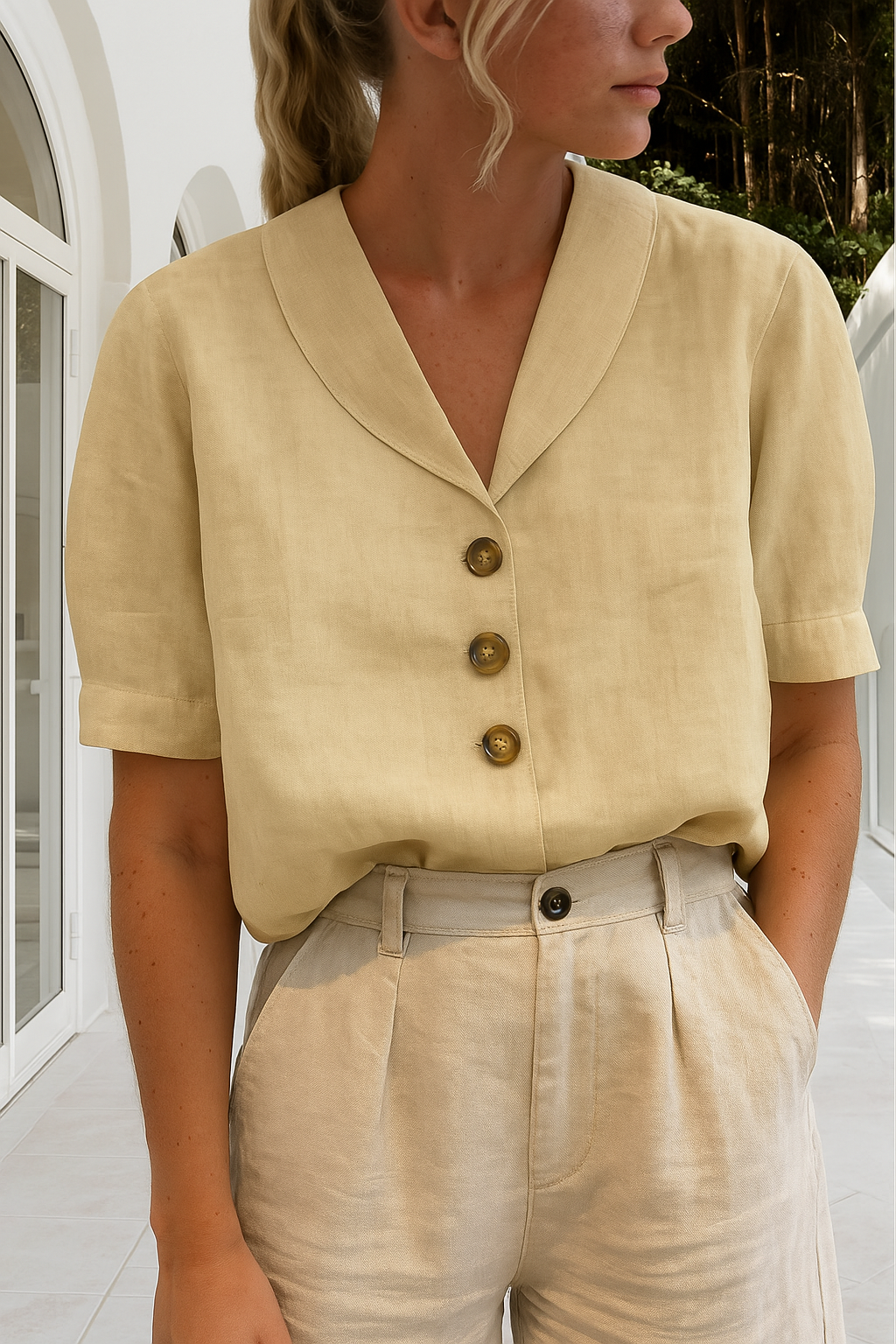 Scarlett | Graceful V Neck Button Down Linen Shirt Blouse