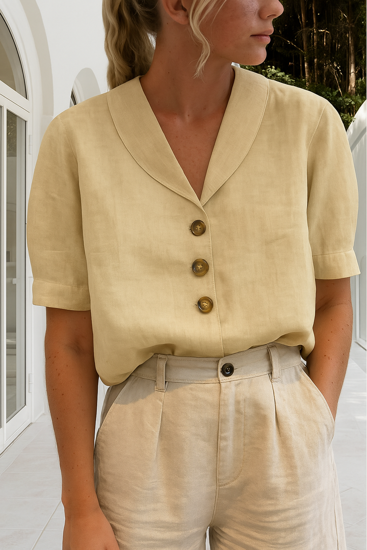 Scarlett | Graceful V Neck Button Down Linen Shirt Blouse