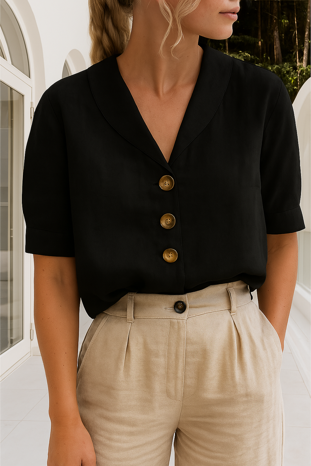 Scarlett | Graceful V Neck Button Down Linen Shirt Blouse