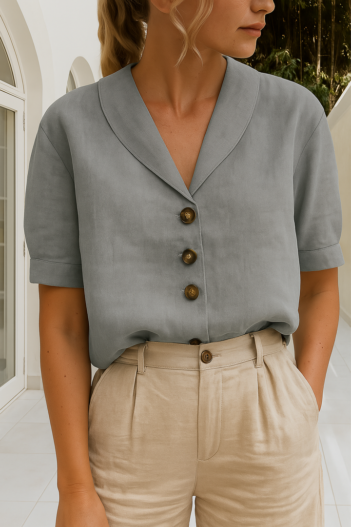 Scarlett | Graceful V Neck Button Down Linen Shirt Blouse