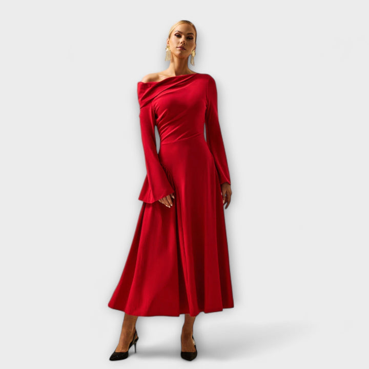 Scarlett | Polished Off-Shoulder Balloon Sleeve Midi Cocktail Dress