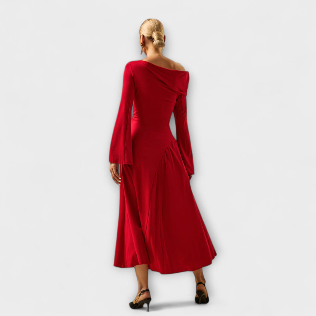 Scarlett | Polished Off-Shoulder Balloon Sleeve Midi Cocktail Dress