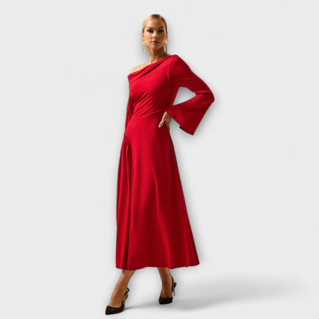 Scarlett | Polished Off-Shoulder Balloon Sleeve Midi Cocktail Dress