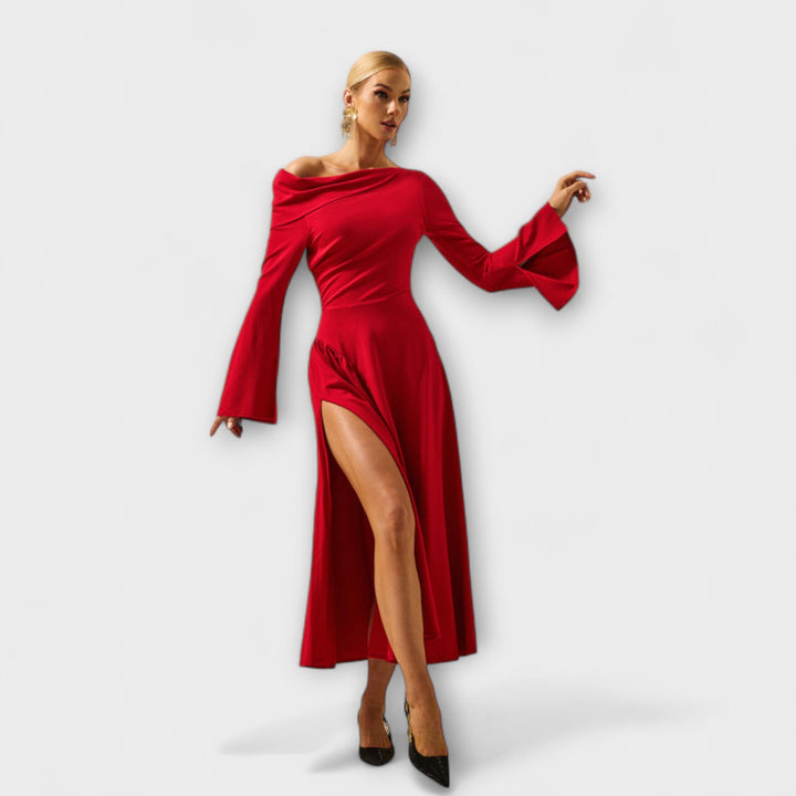 Scarlett | Polished Off-Shoulder Balloon Sleeve Midi Cocktail Dress