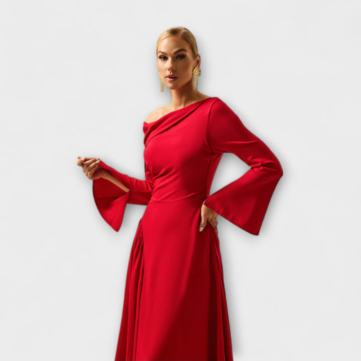 Scarlett | Polished Off-Shoulder Balloon Sleeve Midi Cocktail Dress