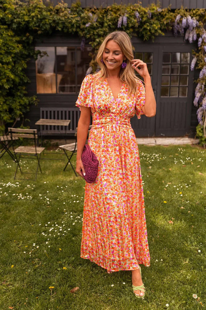 Scarlett | Relaxed Floral Pleated V-Neck Cocktail Maxi Dress