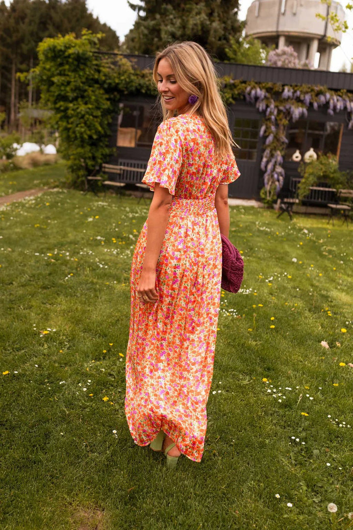 Scarlett | Relaxed Floral Pleated V-Neck Cocktail Maxi Dress