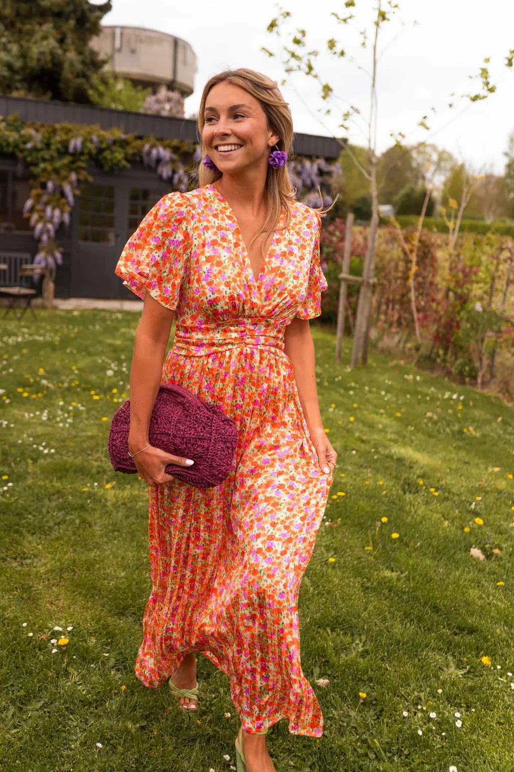 Scarlett | Relaxed Floral Pleated V-Neck Cocktail Maxi Dress