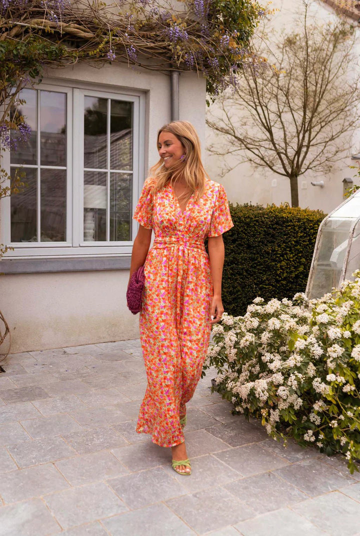 Scarlett | Relaxed Floral Pleated V-Neck Cocktail Maxi Dress