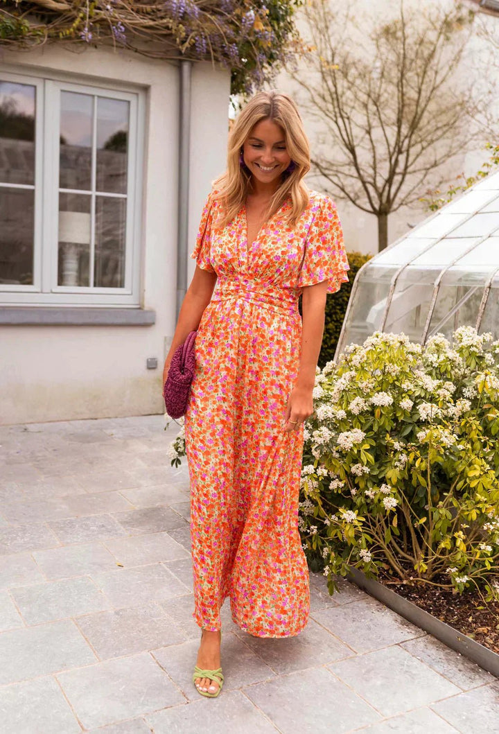Scarlett | Relaxed Floral Pleated V-Neck Cocktail Maxi Dress