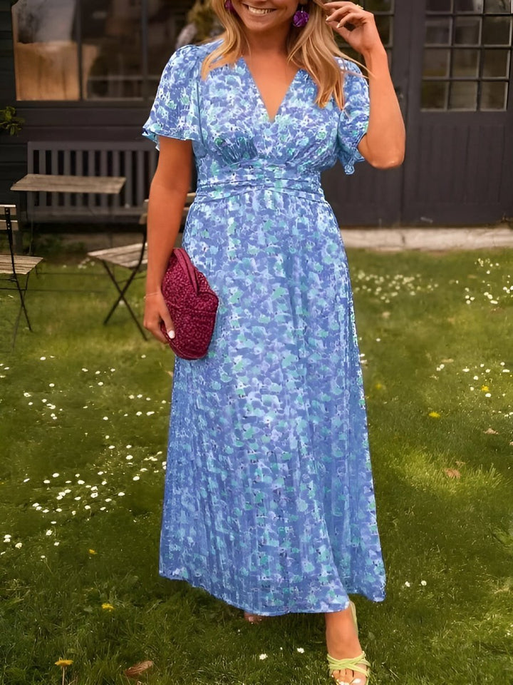 Scarlett | Relaxed Floral Pleated V-Neck Cocktail Maxi Dress