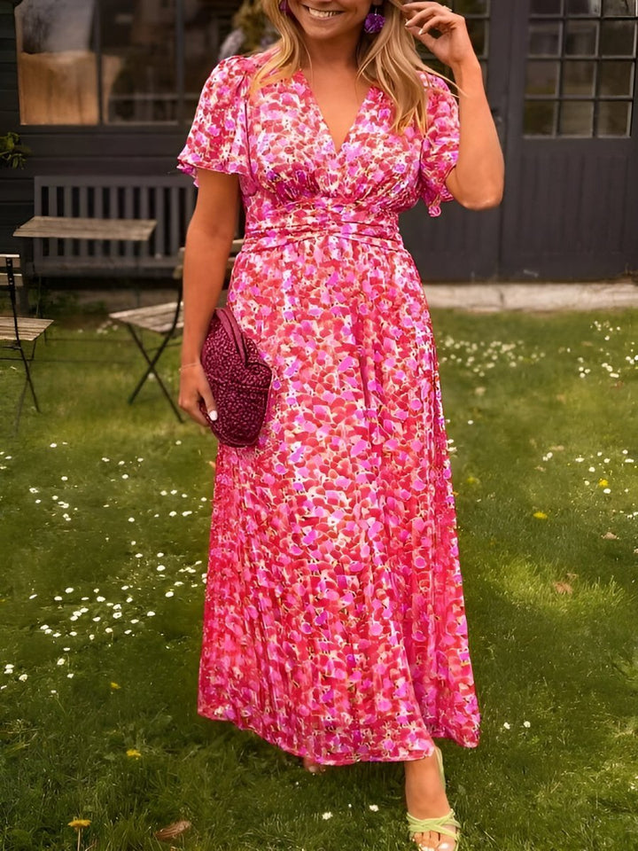 Scarlett | Relaxed Floral Pleated V-Neck Cocktail Maxi Dress