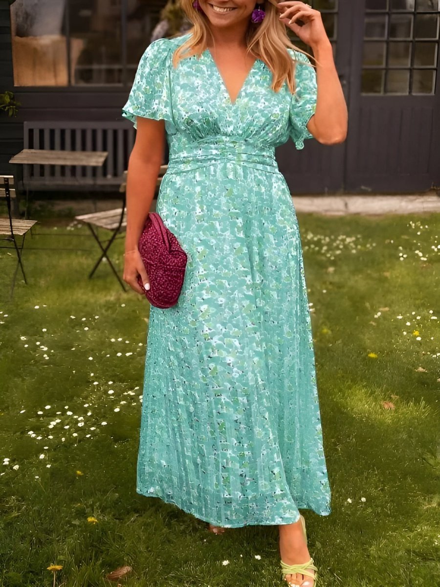 Scarlett | Relaxed Floral Pleated V-Neck Cocktail Maxi Dress