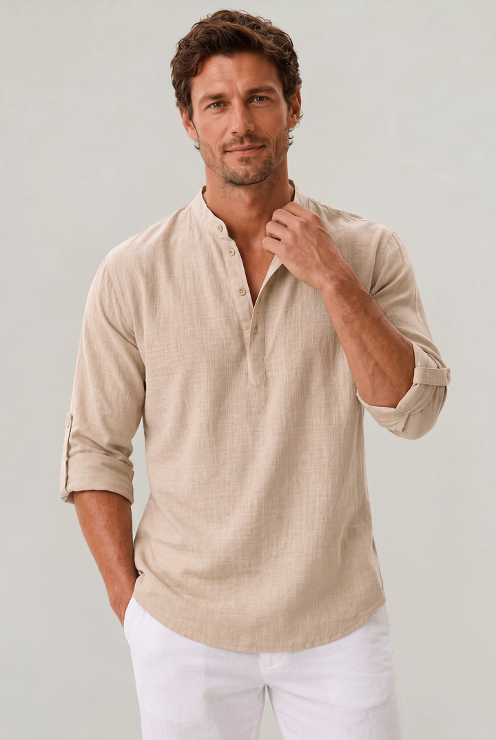 Sebastian | Chic Grandad Collar Linen Shirt with Roll-Up Sleeves