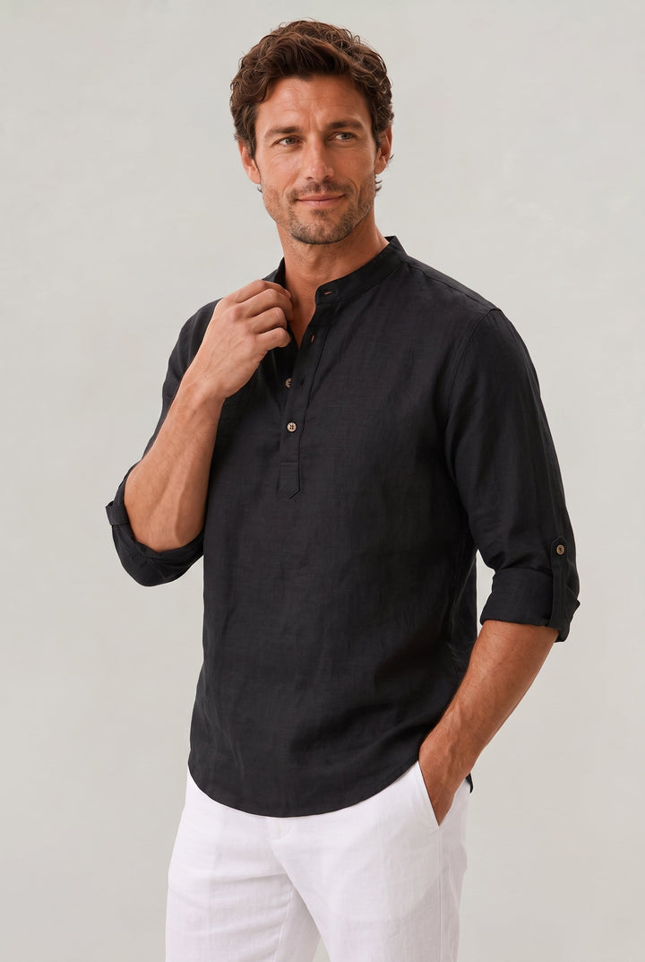 Sebastian | Chic Grandad Collar Linen Shirt with Roll-Up Sleeves