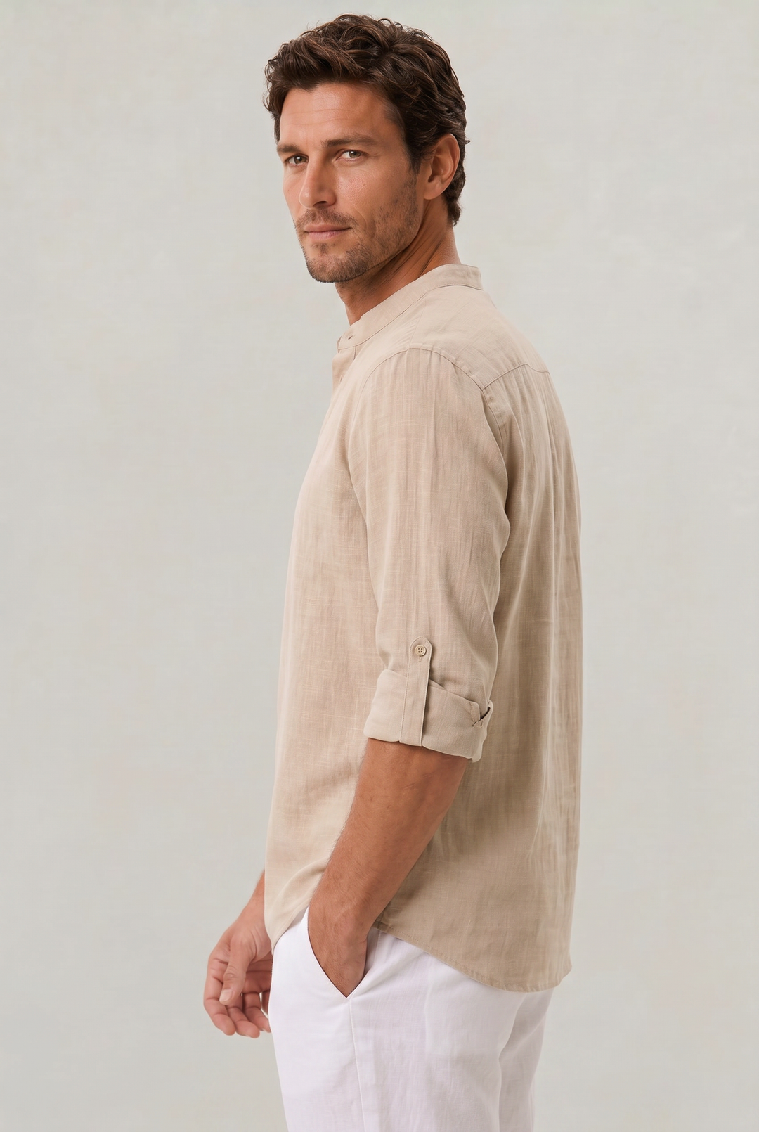 Sebastian | Chic Grandad Collar Linen Shirt with Roll-Up Sleeves