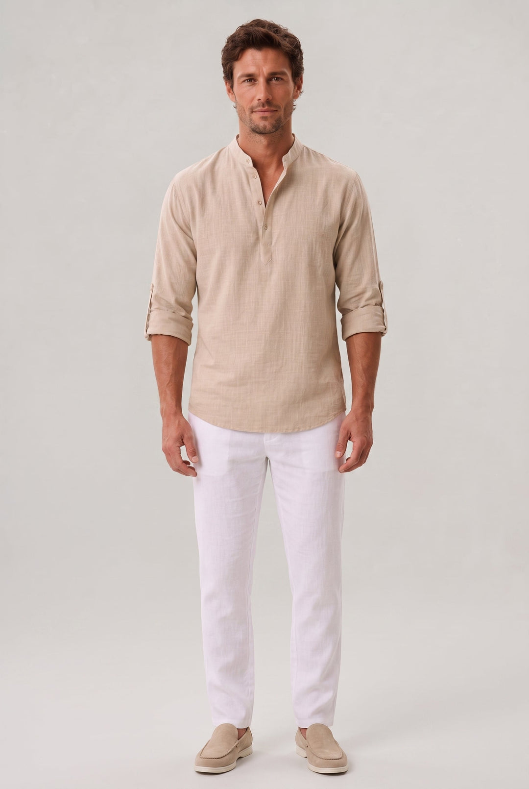 Sebastian | Chic Grandad Collar Linen Shirt with Roll-Up Sleeves