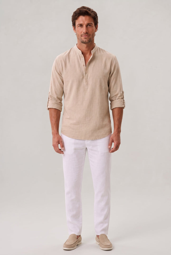 Sebastian | Chic Grandad Collar Linen Shirt with Roll-Up Sleeves