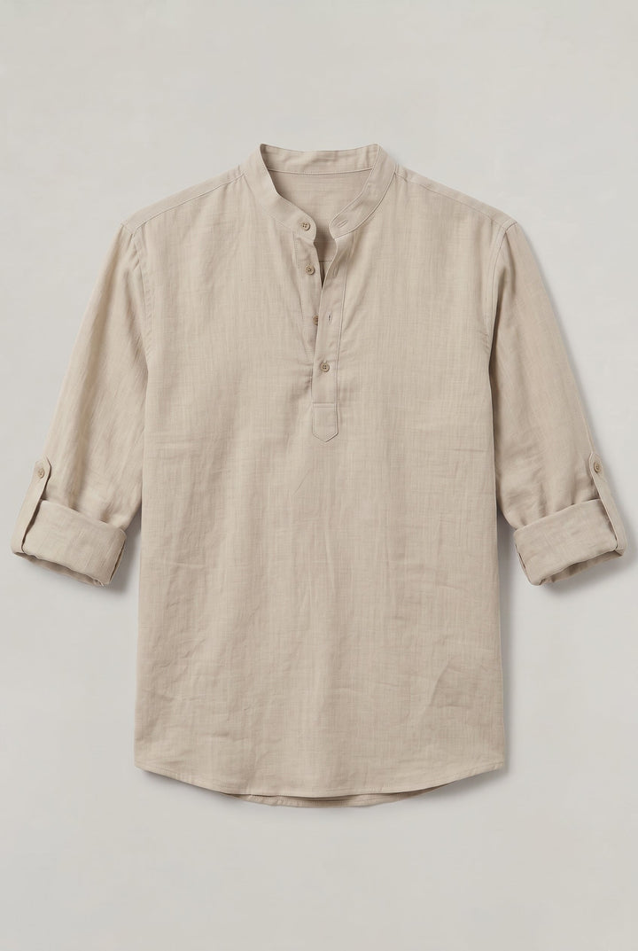 Sebastian | Chic Grandad Collar Linen Shirt with Roll-Up Sleeves