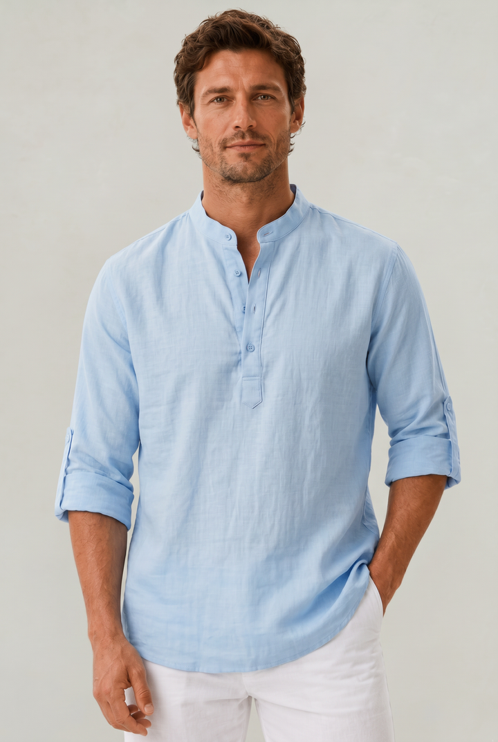Sebastian | Chic Grandad Collar Linen Shirt with Roll-Up Sleeves