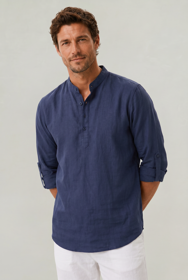 Sebastian | Chic Grandad Collar Linen Shirt with Roll-Up Sleeves