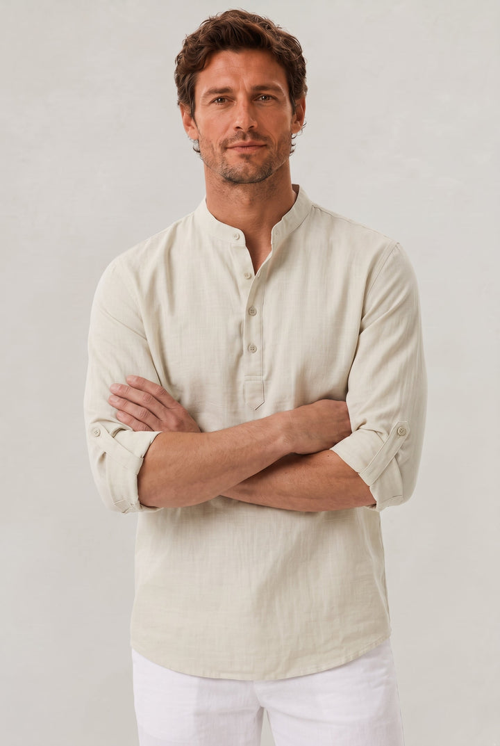 Sebastian | Chic Grandad Collar Linen Shirt with Roll-Up Sleeves