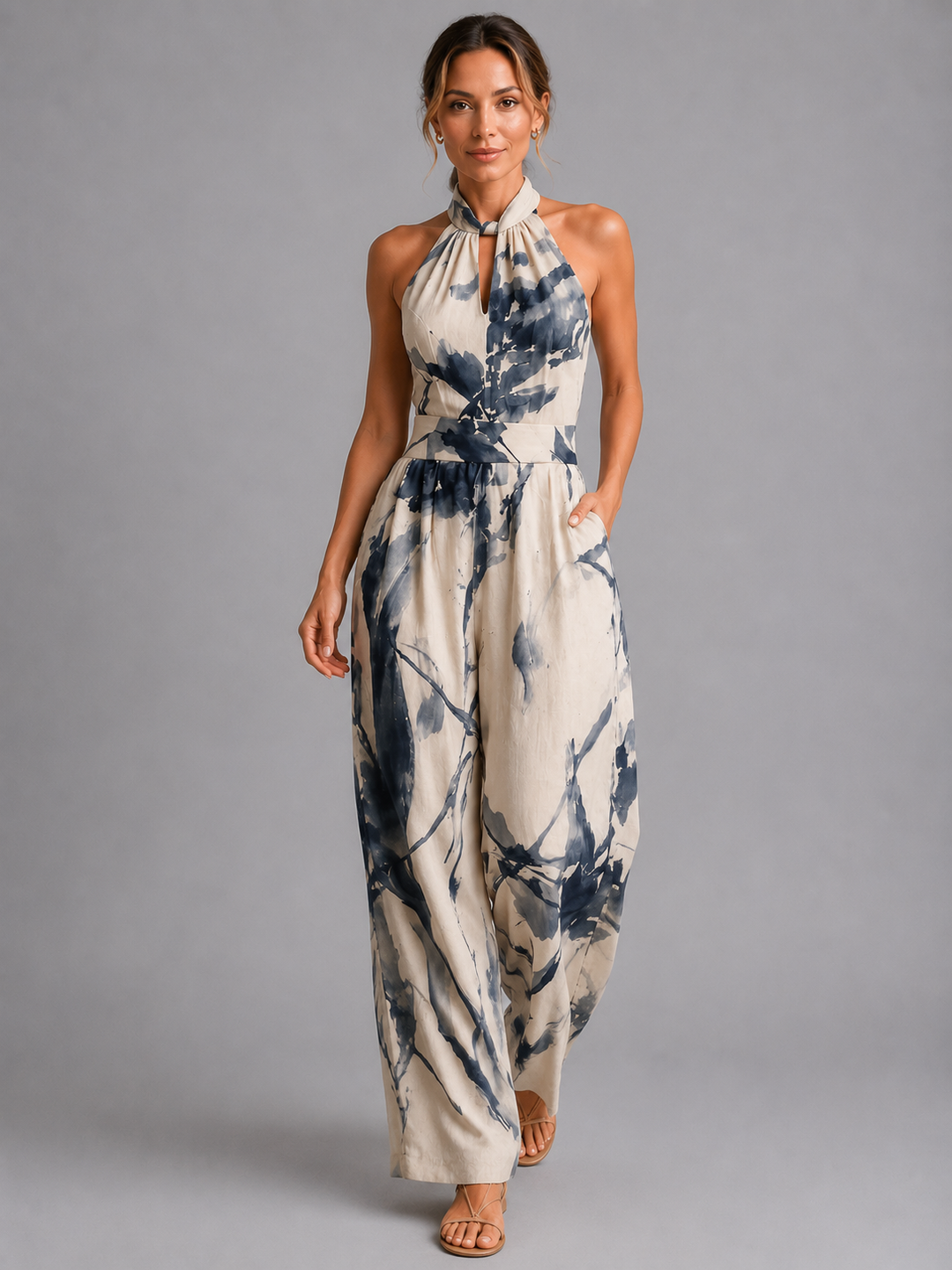 Sienna | Classic Printed Halter Wide-Leg Jumpsuit