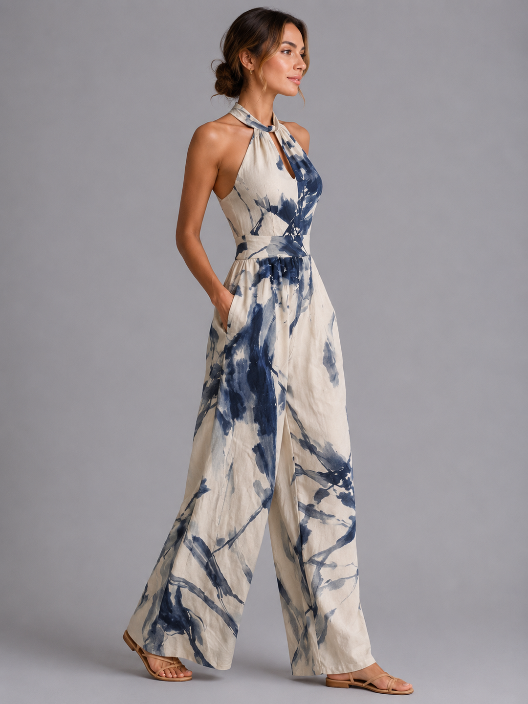 Sienna | Classic Printed Halter Wide-Leg Jumpsuit