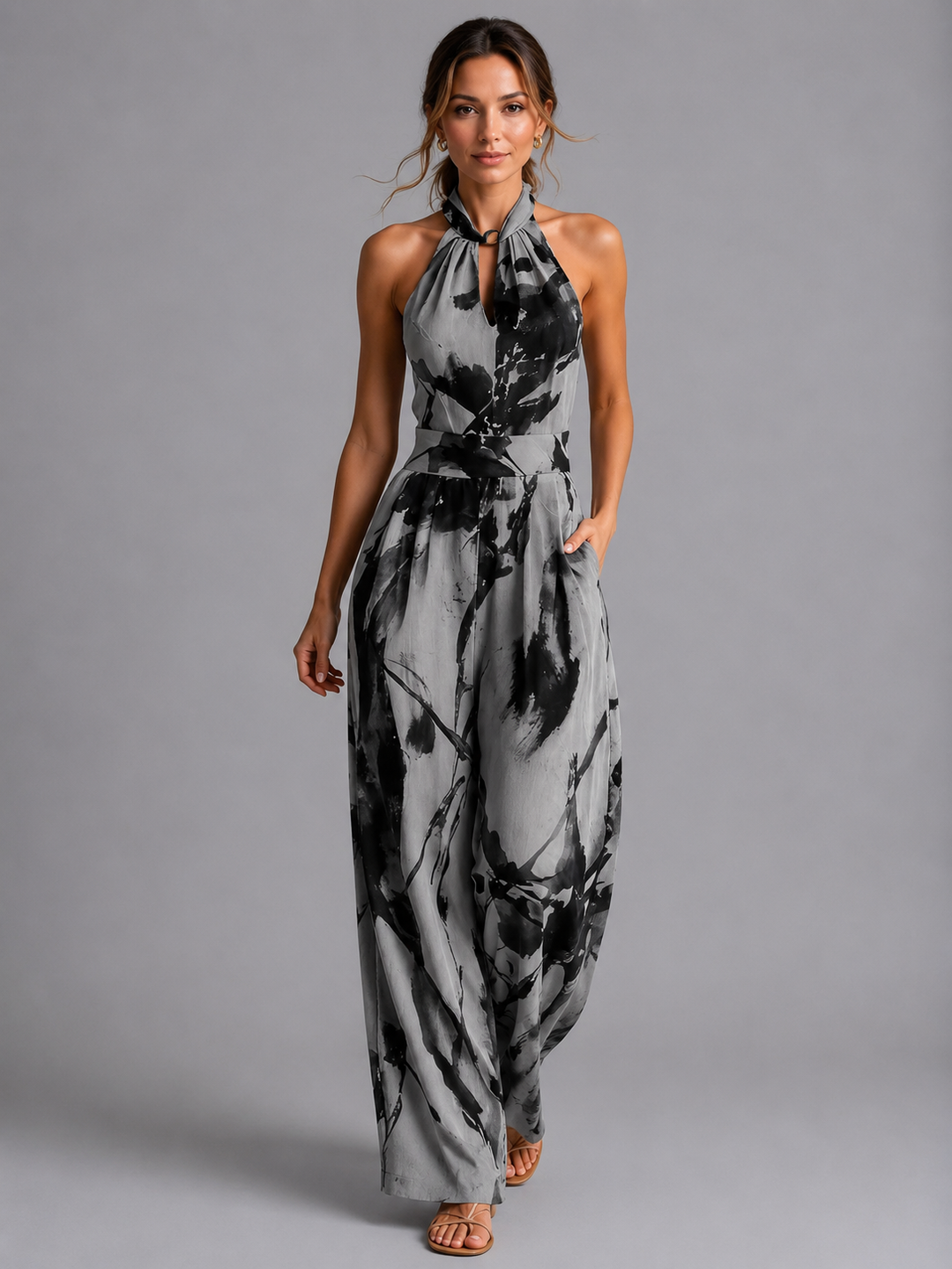 Sienna | Classic Printed Halter Wide-Leg Jumpsuit