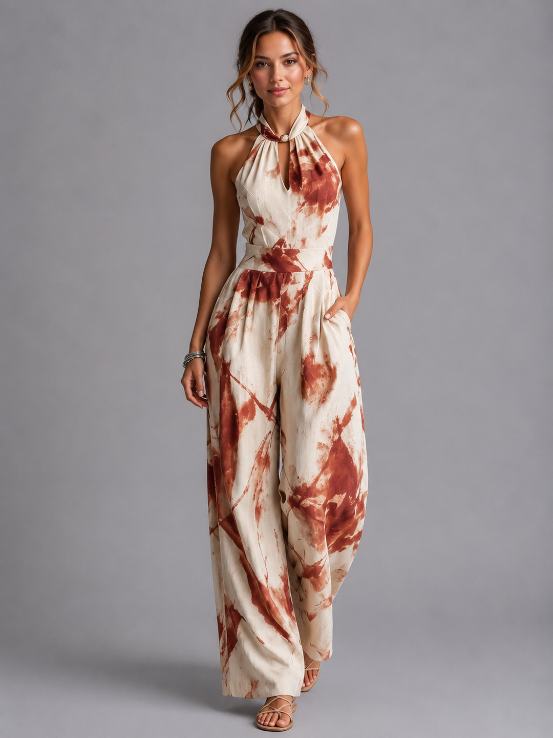 Sienna | Classic Printed Halter Wide-Leg Jumpsuit