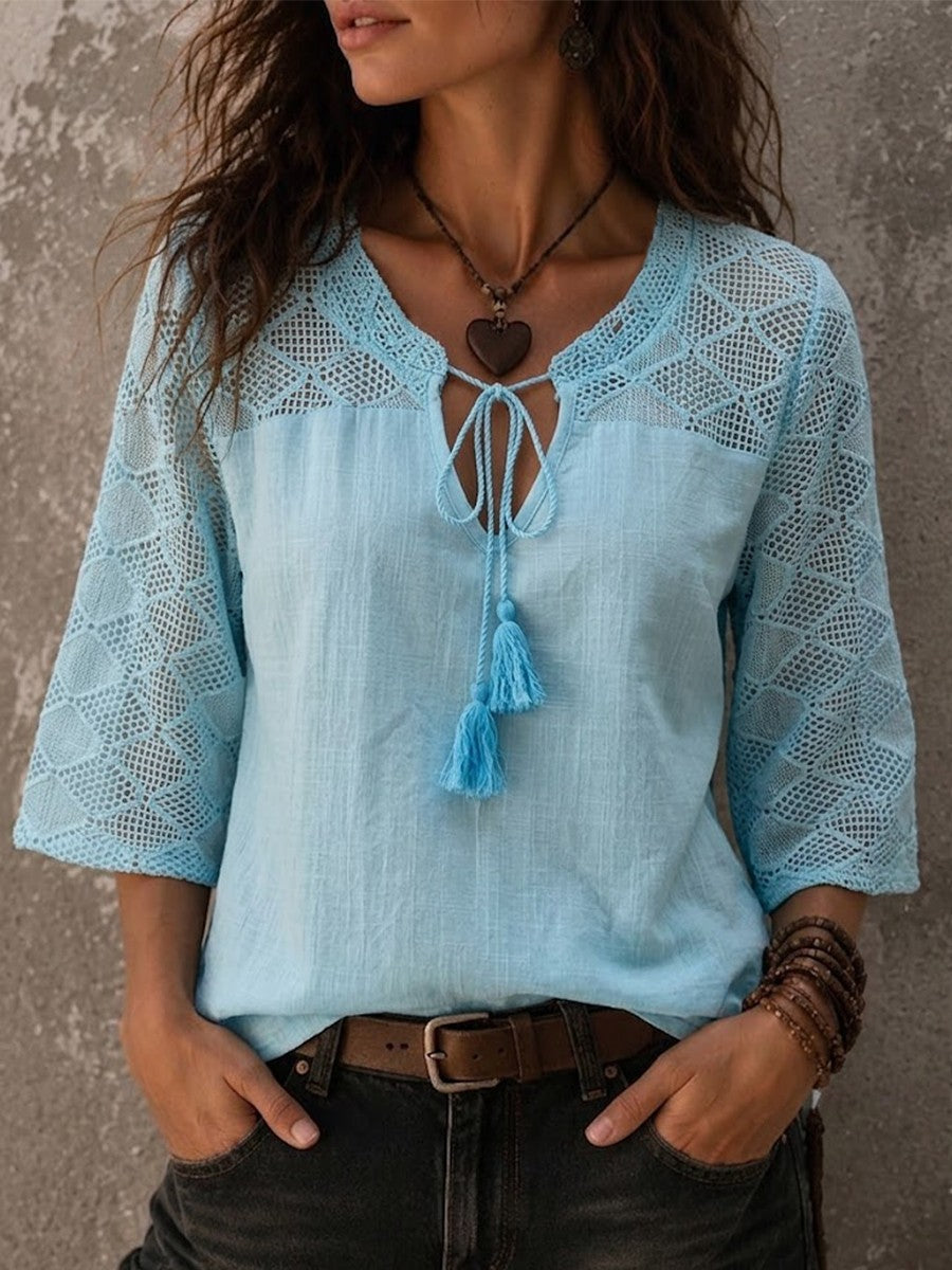 Sienna | Elegant Crochet Trim Boho V-Neck Tunic Top