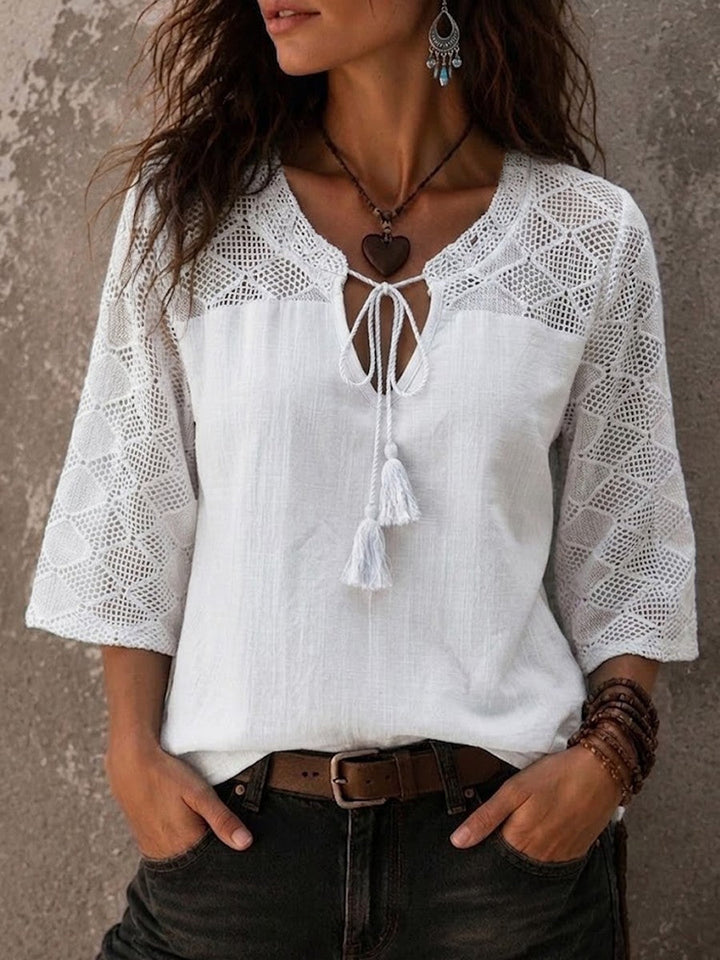 Sienna | Elegant Crochet Trim Boho V-Neck Tunic Top