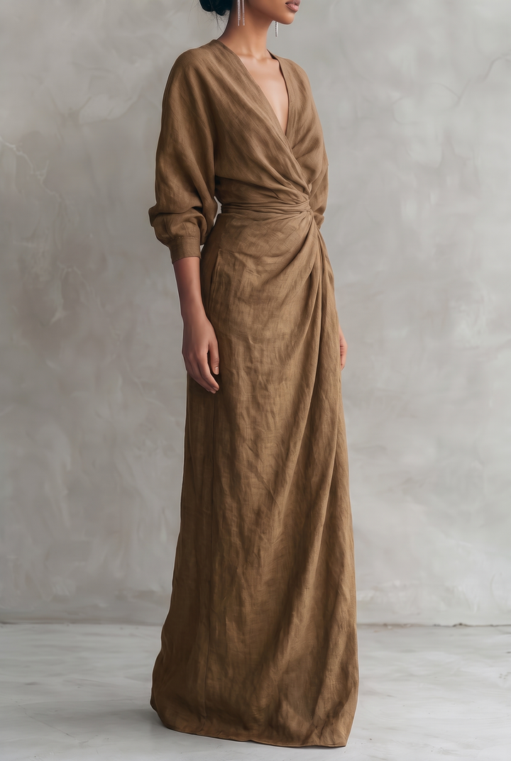 Sienna | Elegant V-Neck Wrap Linen Dress