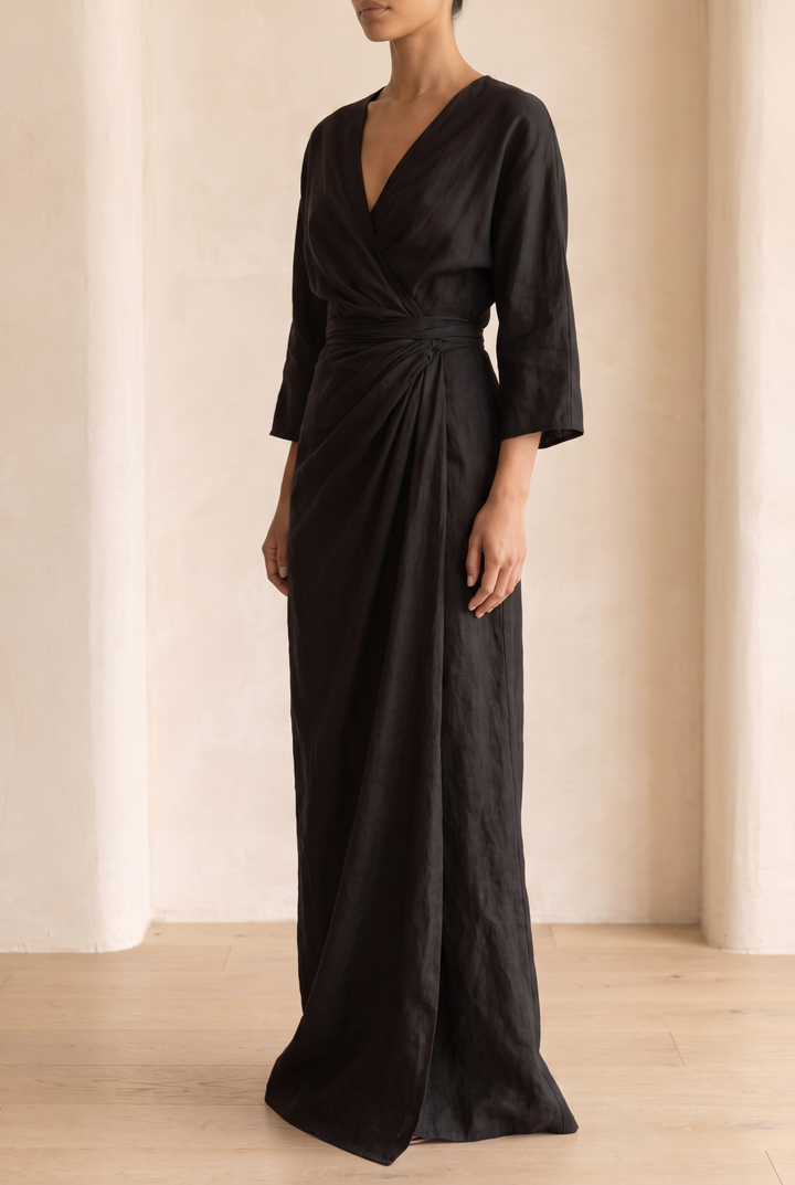 Sienna | Elegant V-Neck Wrap Linen Dress
