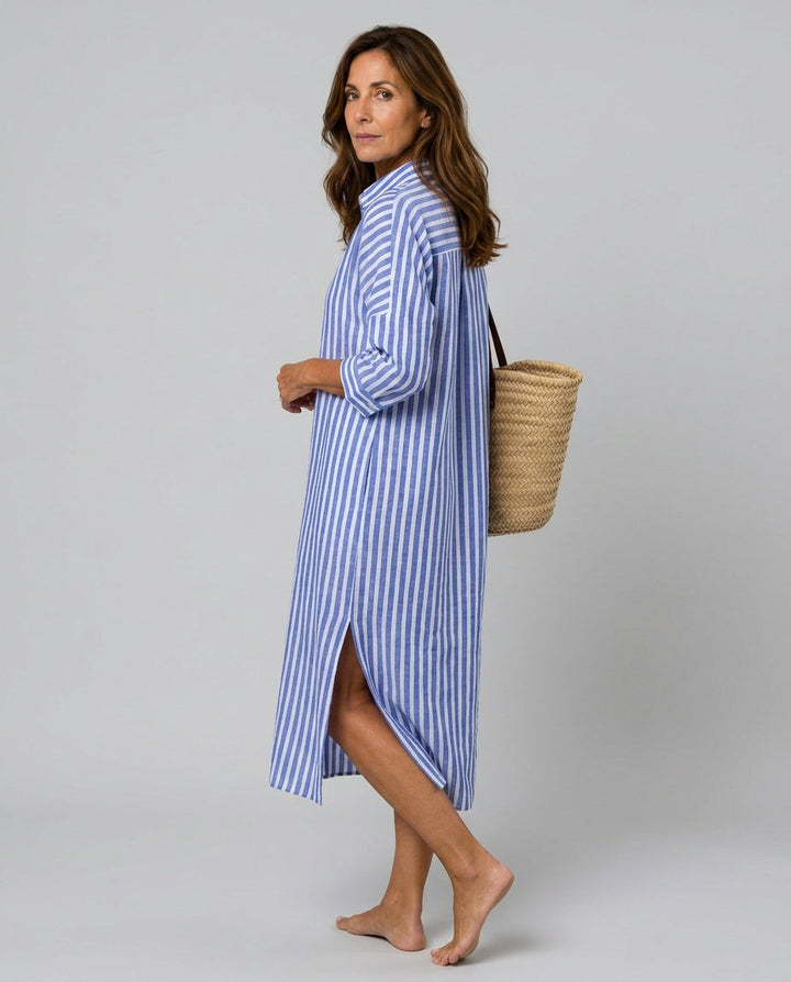 Sienna | Graceful Striped Linen Dress with Shirt Collar Midi Length
