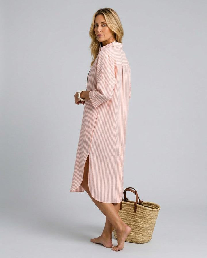 Sienna | Graceful Striped Linen Dress with Shirt Collar Midi Length