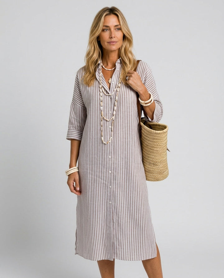 Sienna | Graceful Striped Linen Dress with Shirt Collar Midi Length