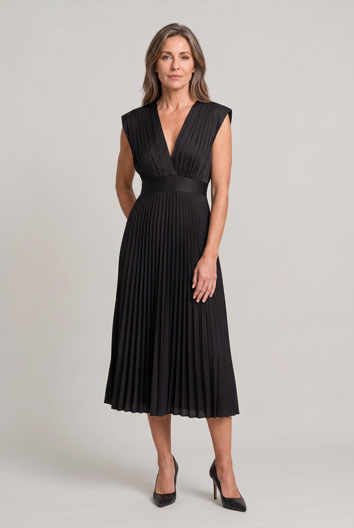 Sienna | Polished Pleated V-Neck Midi Races Dresses
