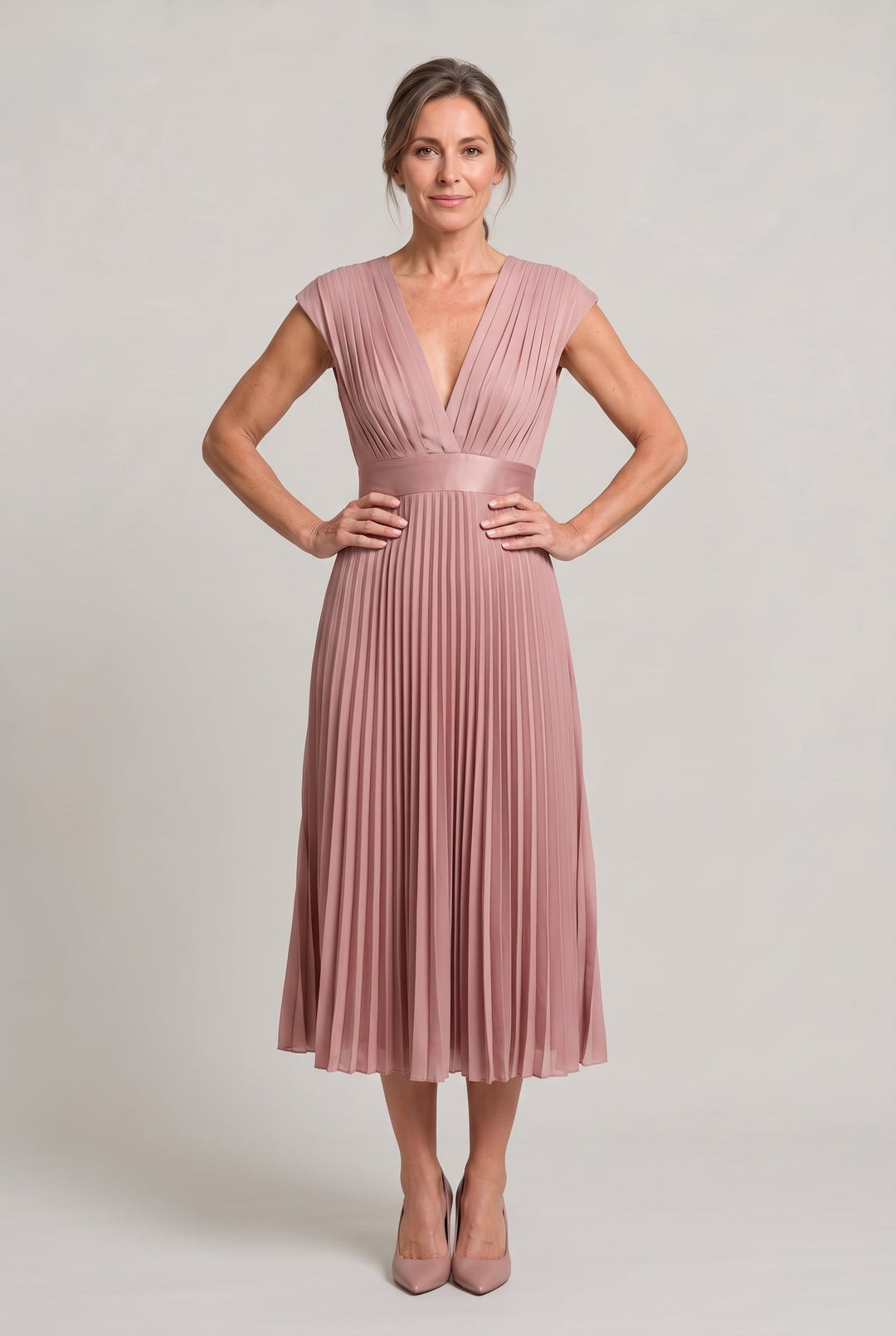 Sienna | Polished Pleated V-Neck Midi Races Dresses
