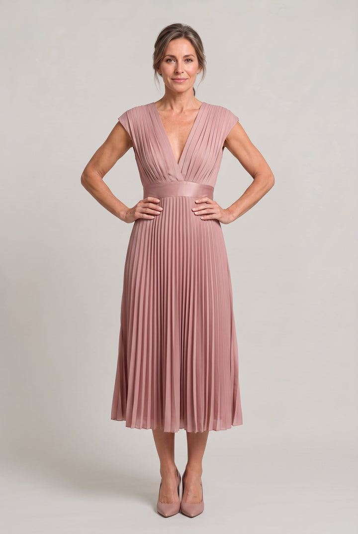 Sienna | Polished Pleated V-Neck Midi Races Dresses